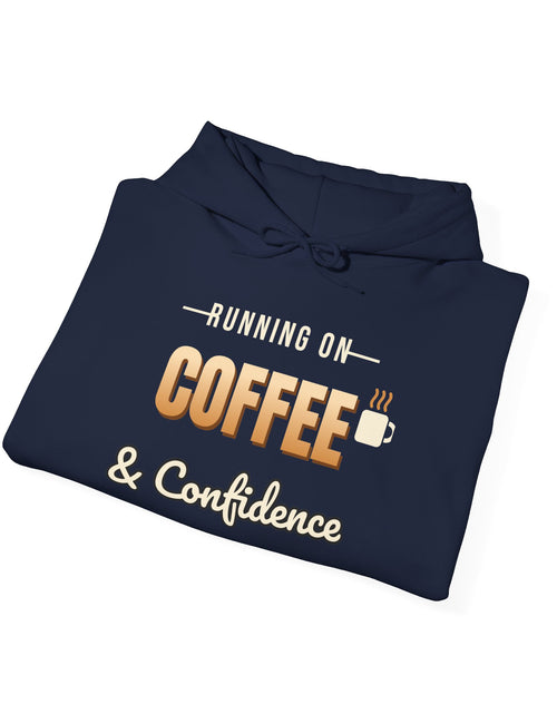 Load image into Gallery viewer, Running on Coffee &amp; Confidence Funny Hoodie | Retro Graphic Hooded Sweatshirt | Sarcastic Gift
