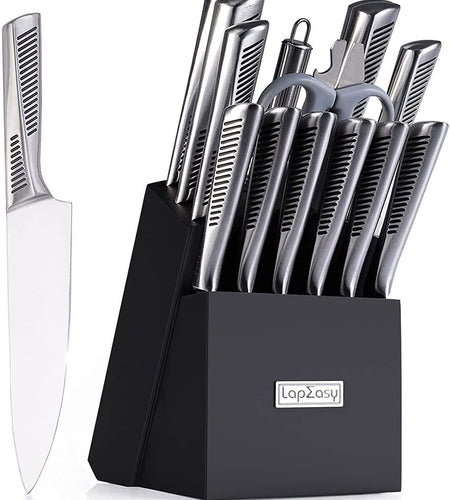 Kitchen Knife Set. LapEasy 15 Piece Knife Sets With Block Chef Knife Stainless Steel Hollow Handle Cutlery With Manual Sharpener