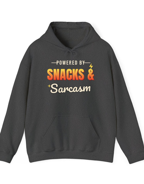 Load image into Gallery viewer, Powered by Snacks &amp; Sarcasm Funny Hoodie | Retro Graphic Hooded Sweatshirt | Sarcastic Gift
