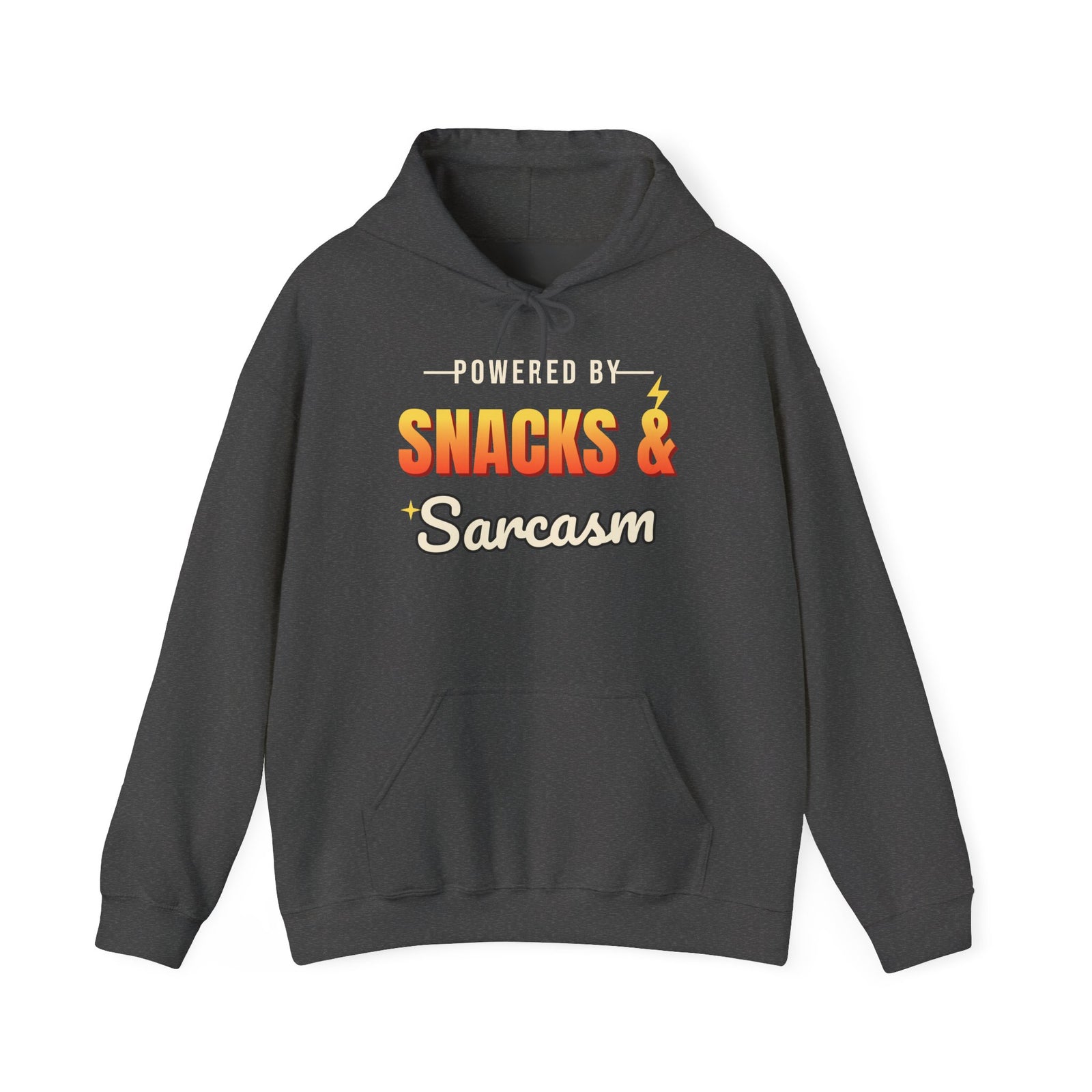 Powered by Snacks & Sarcasm Funny Hoodie | Retro Graphic Hooded Sweatshirt | Sarcastic Gift