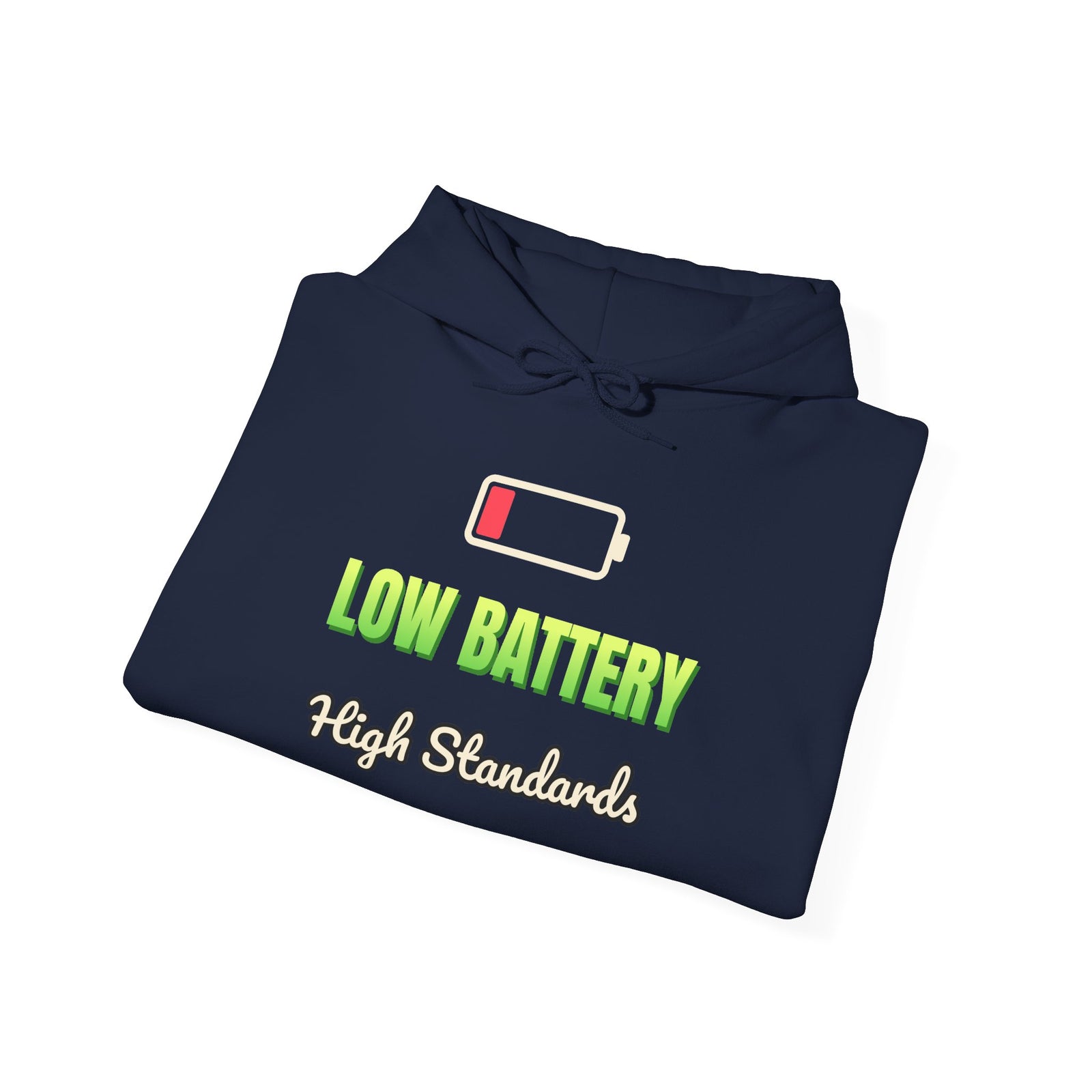 Low Battery, High Standards Funny Hoodie | Retro Graphic Hooded Sweatshirt | Sarcastic Gift