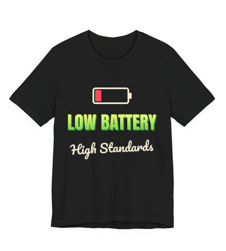 Low Battery, High Standards Funny T-Shirt | Retro Graphic Tee | Sarcastic Gift