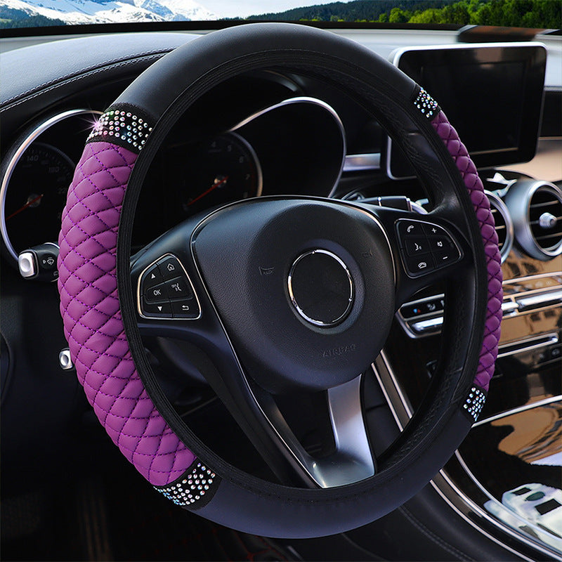 Leather Embroidered Three-dimensional Color Diamond-embedded Car Steering Wheel Cover Without Inner Ring