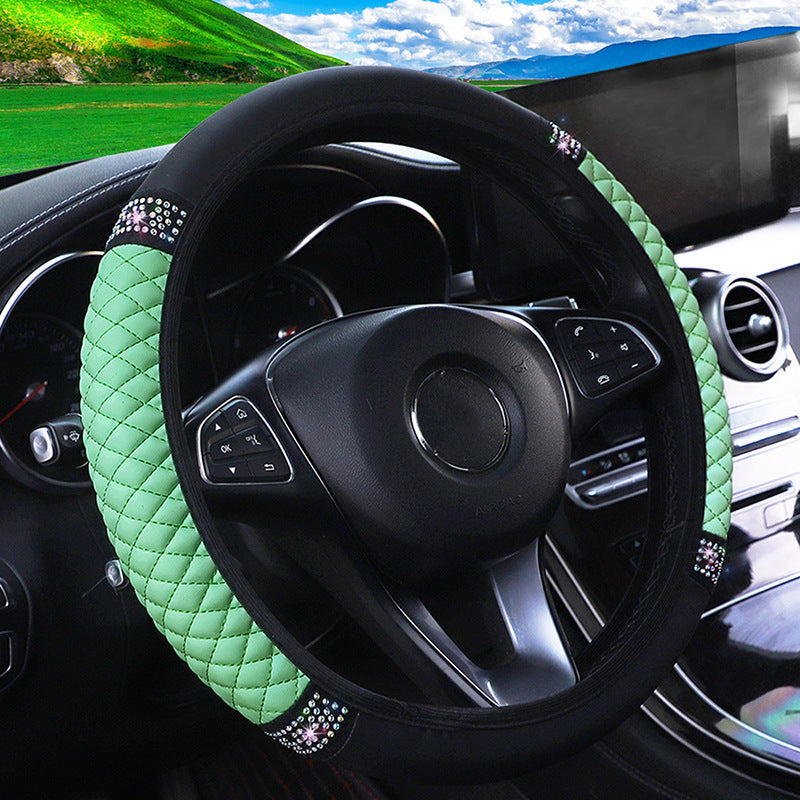 Leather Embroidered Three-dimensional Color Diamond-embedded Car Steering Wheel Cover Without Inner Ring