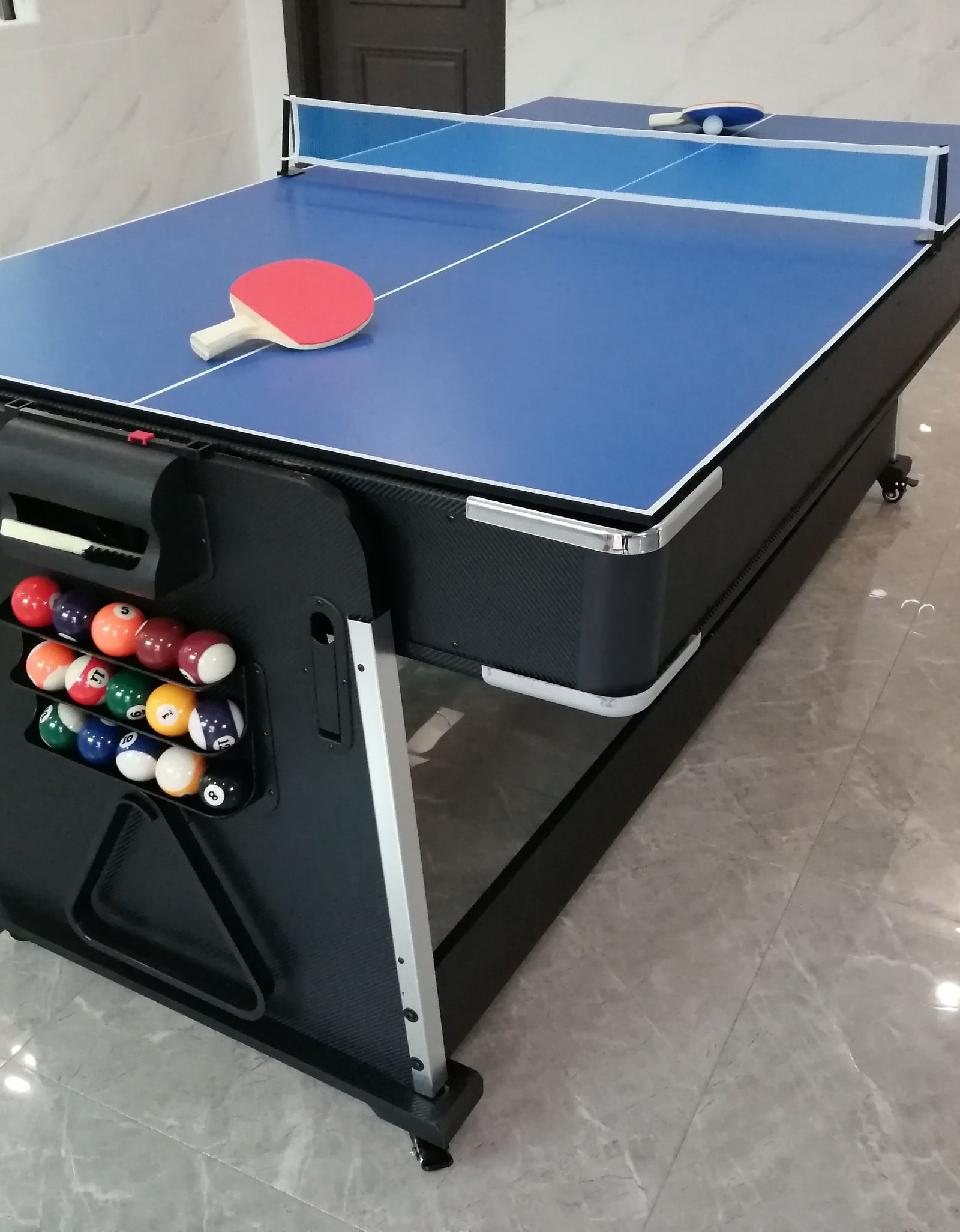 3-in-1 Convertible Pool Table, 7 Ft, Black, Indoor Outdoor Gaming Table with Air Hockey, Table Tennis, Billiards, Portable Design with No Wheels
