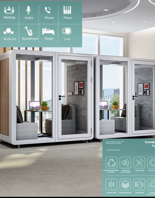 Load image into Gallery viewer, Sound Proof Mobile Office Pod Booth, Best for 4-6 People, Glass Door LED Lights, Includes Furniture &amp; Table. Best for Private Meeting, Office, Phone Call, Piano, Study, Sleep &amp; More (Large White)
