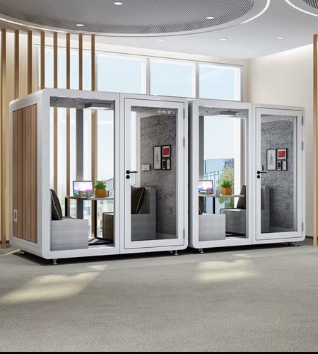 Sound Proof Mobile Office Pod Booth, Best for 4-6 People, Glass Door LED Lights, Includes Furniture & Table. Best for Private Meeting, Office, Phone Call, Piano, Study, Sleep & More (Large White)