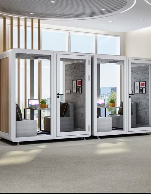 Load image into Gallery viewer, Sound Proof Mobile Office Pod Booth, Best for 4-6 People, Glass Door LED Lights, Includes Furniture &amp; Table. Best for Private Meeting, Office, Phone Call, Piano, Study, Sleep &amp; More (Large White)
