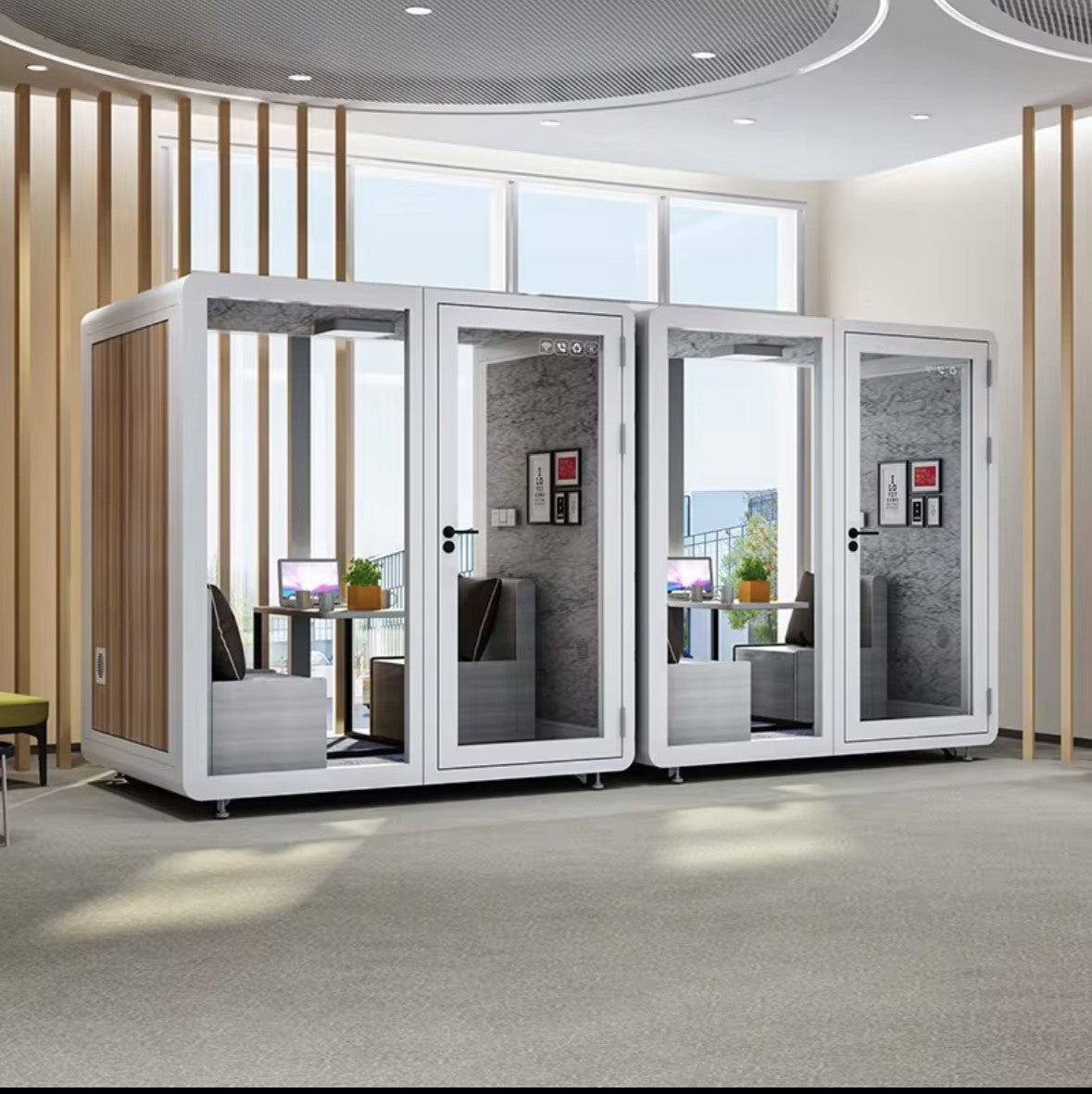 Sound Proof Mobile Office Pod Booth, Best for 4-6 People, Glass Door LED Lights, Includes Furniture & Table. Best for Private Meeting, Office, Phone Call, Piano, Study, Sleep & More (Large White)