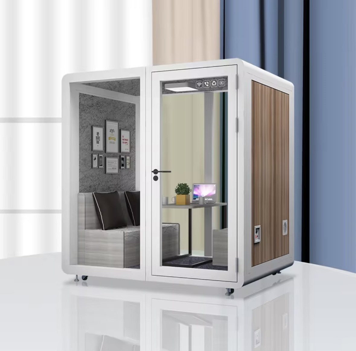 Sound Proof Mobile Office Pod Booth, Best for 4-6 People, Glass Door LED Lights, Includes Furniture & Table. Best for Private Meeting, Office, Phone Call, Piano, Study, Sleep & More (Large White)