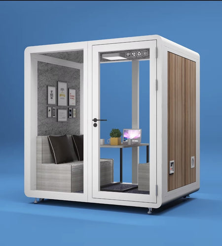 Sound Proof Mobile Office Pod Booth, Best for 4-6 People, Glass Door LED Lights, Includes Furniture & Table. Best for Private Meeting, Office, Phone Call, Piano, Study, Sleep & More (Large White)