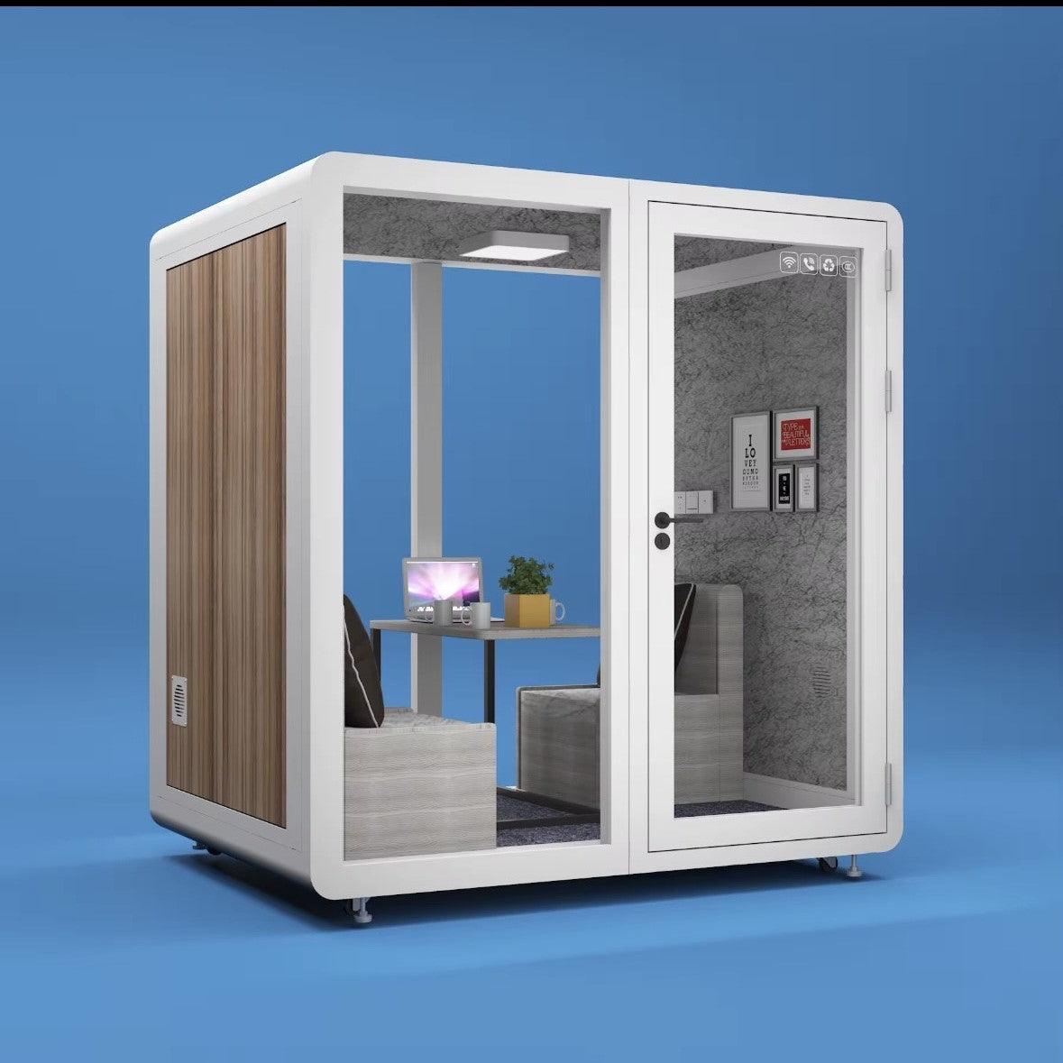 Sound Proof Mobile Office Pod Booth, Best for 4-6 People, Glass Door LED Lights, Includes Furniture & Table. Best for Private Meeting, Office, Phone Call, Piano, Study, Sleep & More (Large White)