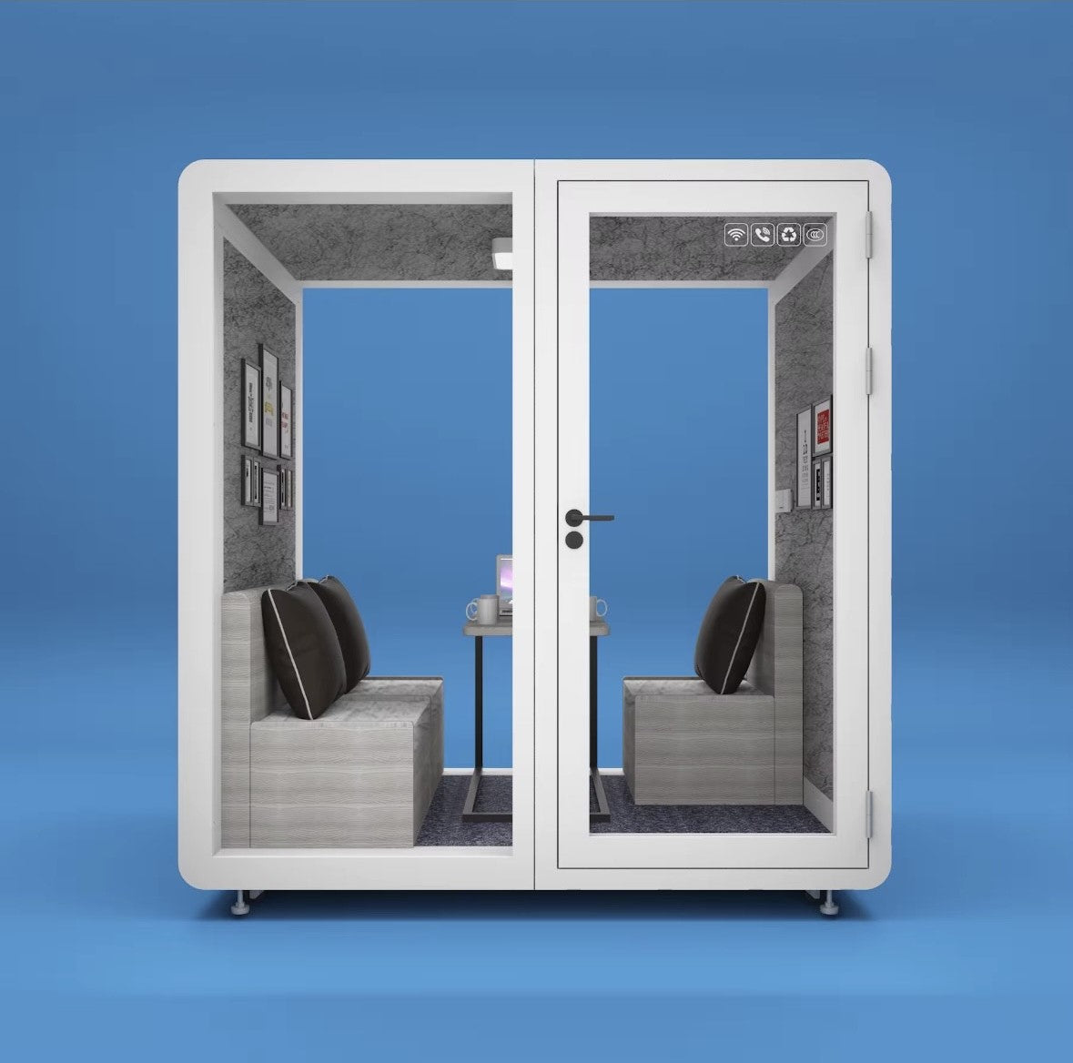 Sound Proof Mobile Office Pod Booth, Best for 4-6 People, Glass Door LED Lights, Includes Furniture & Table. Best for Private Meeting, Office, Phone Call, Piano, Study, Sleep & More (Large White)