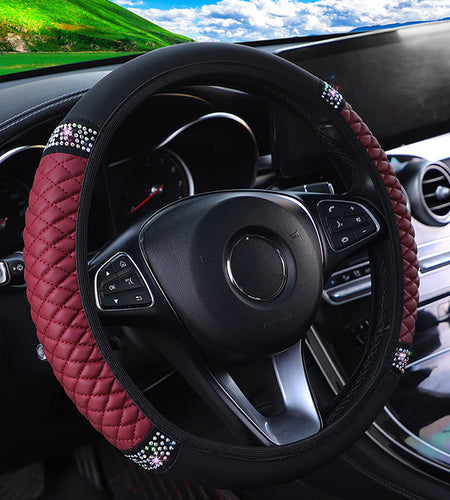 Leather Embroidered Three-dimensional Color Diamond-embedded Car Steering Wheel Cover Without Inner Ring