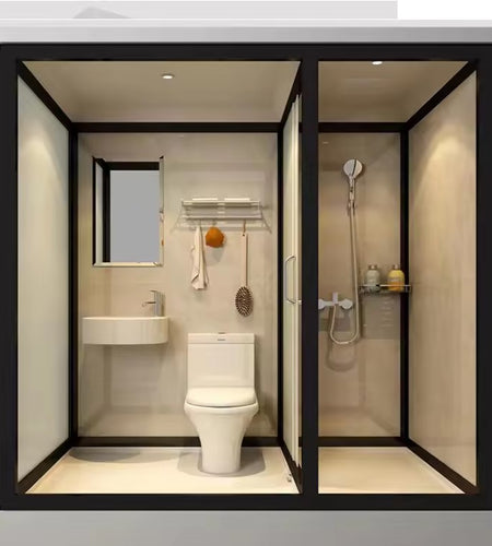 Prefab Bathroom Pod, Shower Room with Toilet, Sink, LED Light, Easy Install