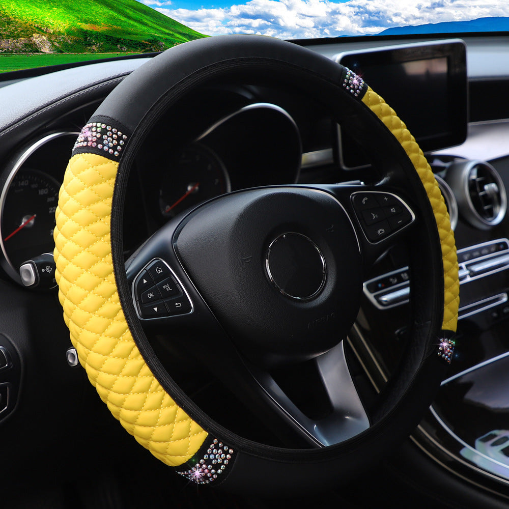 Leather Embroidered Three-dimensional Color Diamond-embedded Car Steering Wheel Cover Without Inner Ring