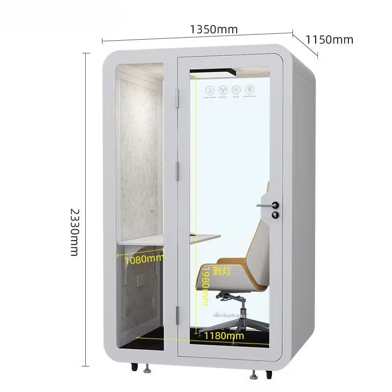 Mobile Office Pod Booth, Sound Proof, Steel Frame, Sound-Absorbing Materials, Tempered Glass, LED Light, Fans, USB Ports, Desk, 110V-250V Power.