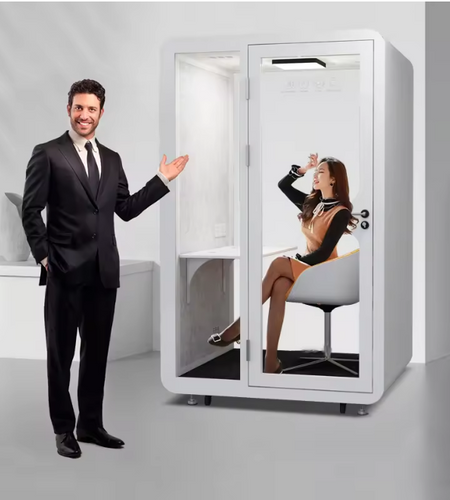 Mobile Office Pod Booth, Sound Proof, Steel Frame, Sound-Absorbing Materials, Tempered Glass, LED Light, Fans, USB Ports, Desk, 110V-250V Power.