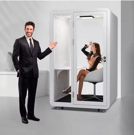 Mobile Office Pod Booth, Sound Proof, Steel Frame, Sound-Absorbing Materials, Tempered Glass, LED Light, Fans, USB Ports, Desk, 110V-250V Power.