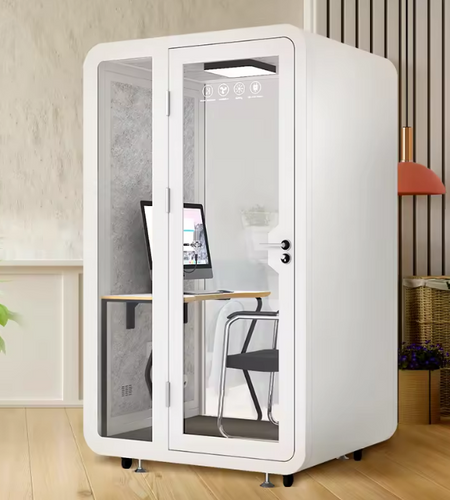 Mobile Office Pod Booth, Sound Proof, Steel Frame, Sound-Absorbing Materials, Tempered Glass, LED Light, Fans, USB Ports, Desk, 110V-250V Power.