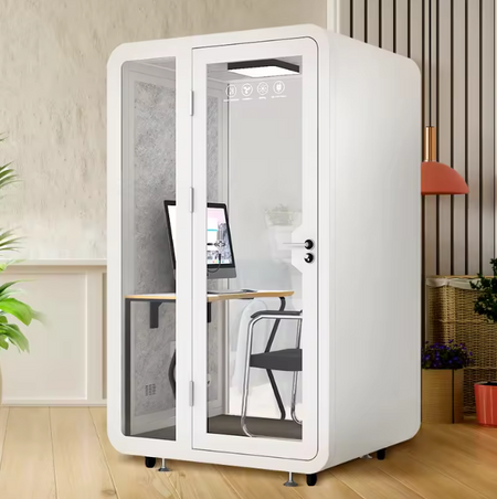 Mobile Office Pod Booth, Sound Proof, Steel Frame, Sound-Absorbing Materials, Tempered Glass, LED Light, Fans, USB Ports, Desk, 110V-250V Power.