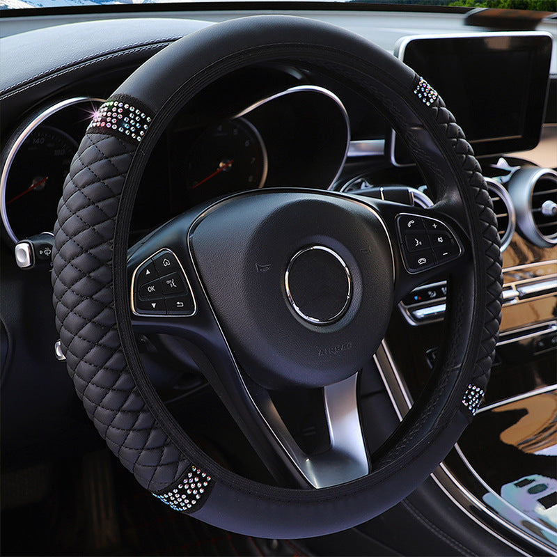Leather Embroidered Three-dimensional Color Diamond-embedded Car Steering Wheel Cover Without Inner Ring