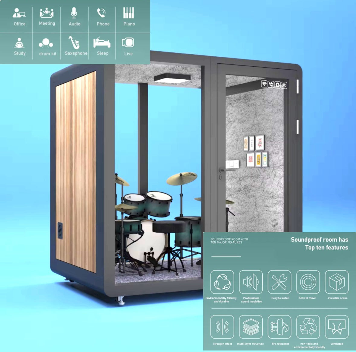 Mobile Soundproof Office Pod for 4–6 People  Portable Acoustic Meeting Room with Ventilation, LED Lighting, USB Ports & Wheels