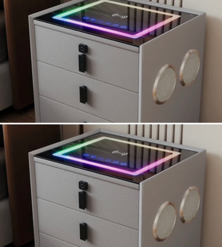 2 Smart Nightstand with Wireless Charging, 4 Bluetooth Speakers, LED Lights, Fingerprint Lock, 3 Drawers