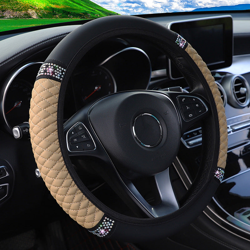 Leather Embroidered Three-dimensional Color Diamond-embedded Car Steering Wheel Cover Without Inner Ring