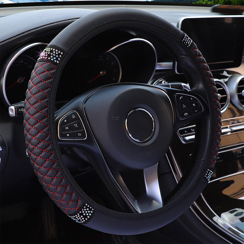Leather Embroidered Three-dimensional Color Diamond-embedded Car Steering Wheel Cover Without Inner Ring