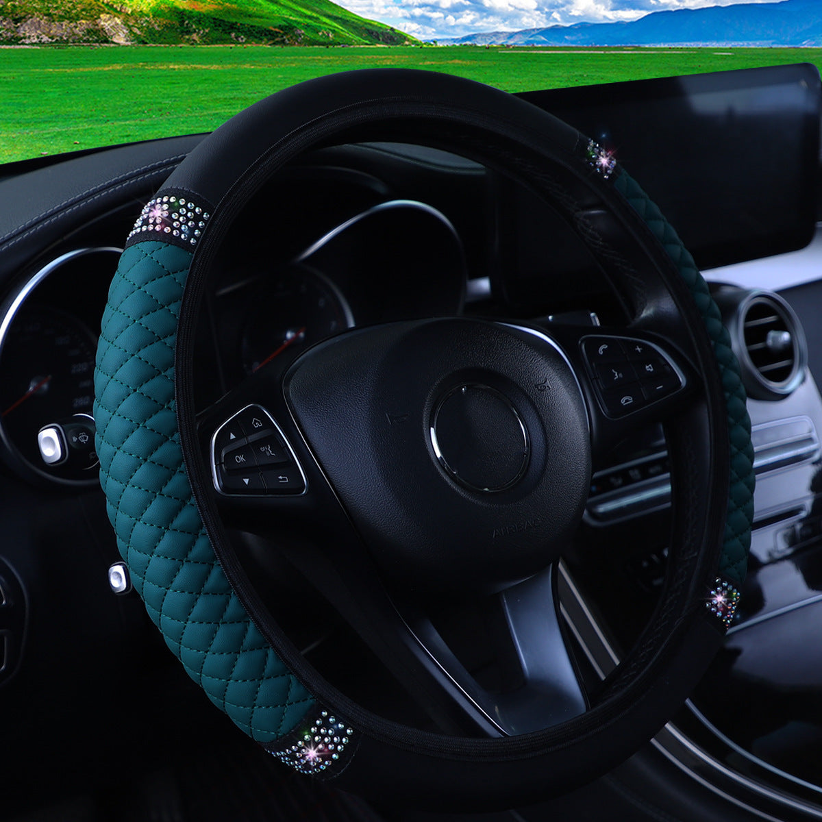 Leather Embroidered Three-dimensional Color Diamond-embedded Car Steering Wheel Cover Without Inner Ring