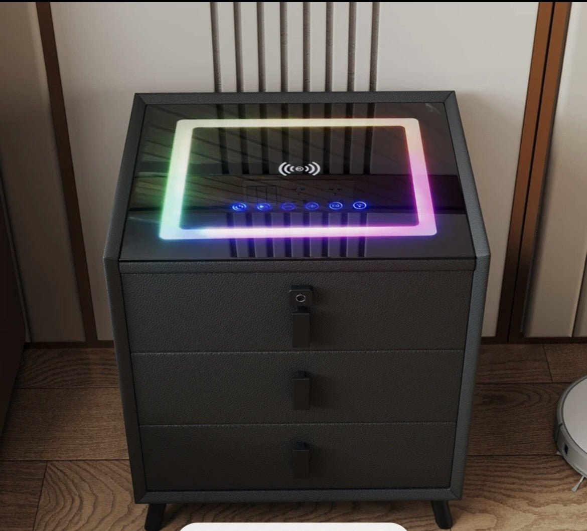 2 Smart Nightstand with Wireless Charging, 4 Bluetooth Speakers, LED Lights, Fingerprint Lock, 3 Drawers