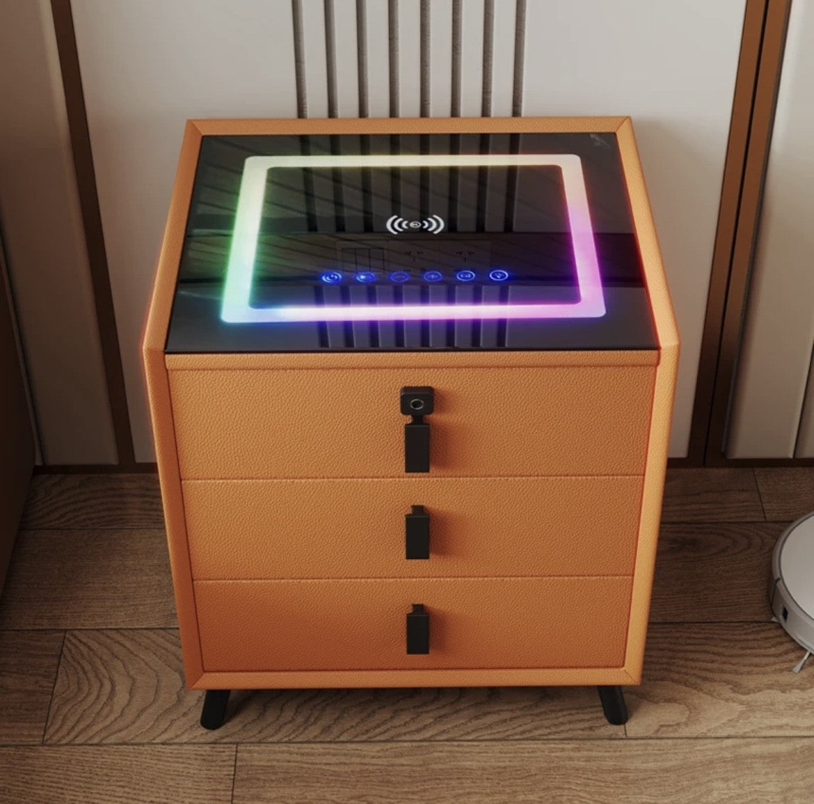2 Smart Nightstand with Wireless Charging, 4 Bluetooth Speakers, LED Lights, Fingerprint Lock, 3 Drawers