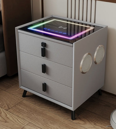 2 Smart Nightstand with Wireless Charging, 4 Bluetooth Speakers, LED Lights, Fingerprint Lock, 3 Drawers