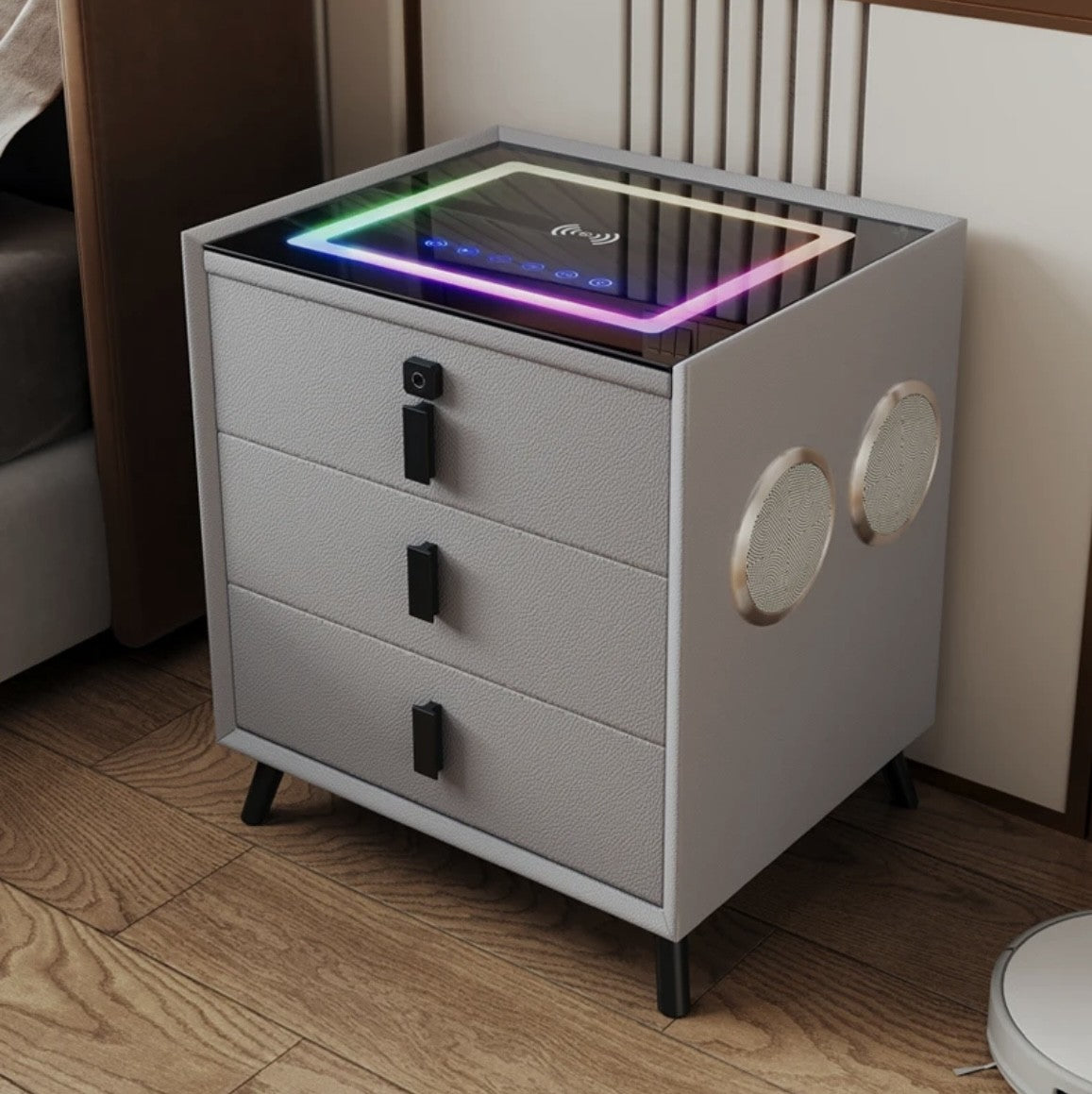 2 Smart Nightstand with Wireless Charging, 4 Bluetooth Speakers, LED Lights, Fingerprint Lock, 3 Drawers