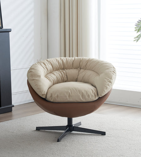 Swivel Barrel Accent Chair , Comfy Round Sofa Chair with Plump Seat, Detachable Cushion for Living Room, Two Tone ( Brown and Beige Gray )