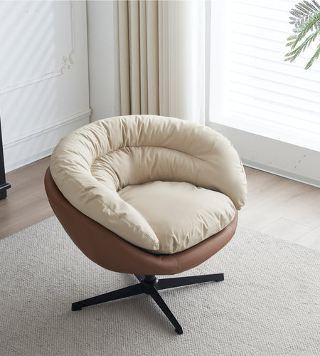Swivel Barrel Accent Chair , Comfy Round Sofa Chair with Plump Seat, Detachable Cushion for Living Room, Two Tone ( Brown and Beige Gray )
