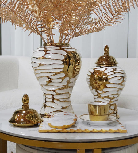 Charming White and Gold Ginger Jar with Removable Lid